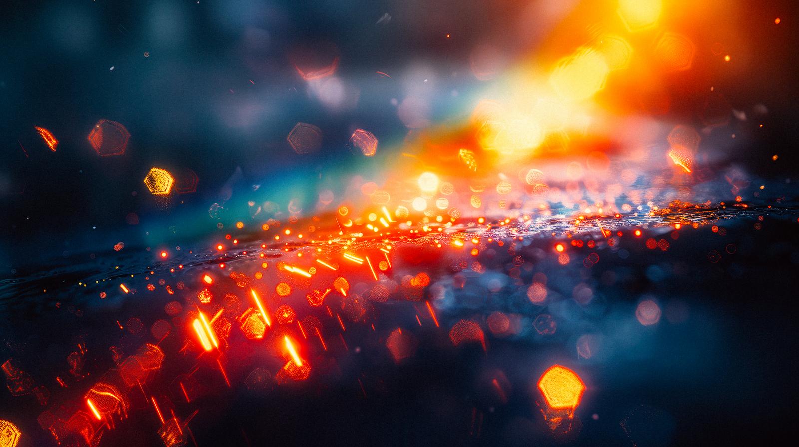 赤やオレンジの光の粒が輝く、暖色と冷色が交錯するダイナミックな光景