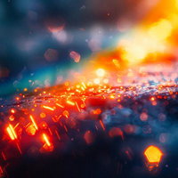 暖色と冷色が交錯する光の粒が輝くダイナミックな光景の写真