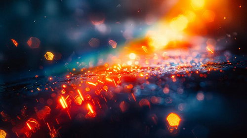 暖色と冷色が交錯する光の粒が輝くダイナミックな光景