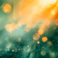 オレンジとグリーンの輝きが浮かぶぼんやりとした光の背景の写真