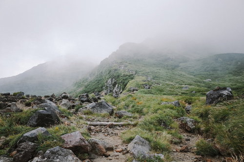 ガスが山頂を隠す鳥海山の登山道、石段を進む登山者