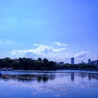 池に浮かぶスワンボートと青い空、白い雲の風景の写真