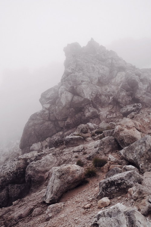 ガスに包まれ荒涼とした景色になった日本百名山・焼岳の岩肌