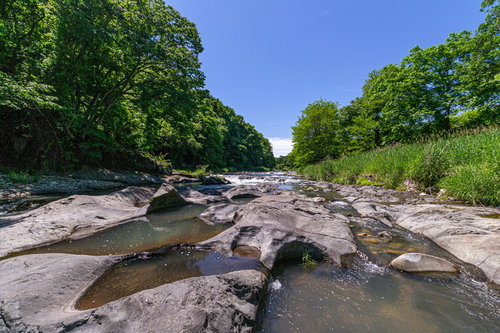 依田川の流れ、飛魚の仙ヶ淵の清流と岩場の景勝地