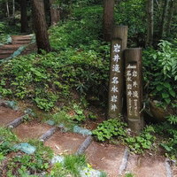 岩井滝・名水岩井の入口に立つ案内看板と新緑の森の写真