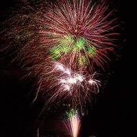 田んぼの中で打ち上がる赤と緑の花火が夜空を照らす光景の写真