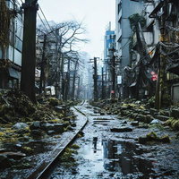人がいなくなって数百年後の苔むした商店街の写真