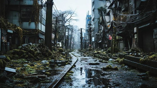 人がいなくなって数百年後の苔むした商店街