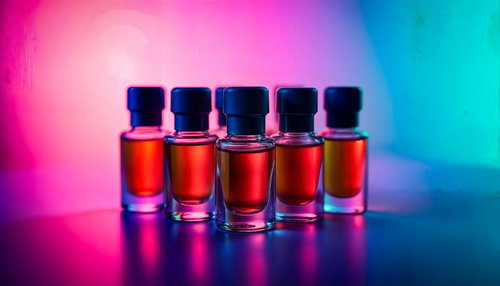ネオンライトに照らされた化粧オイルのボトル