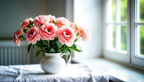 窓辺に飾ったピンクのカーネーション