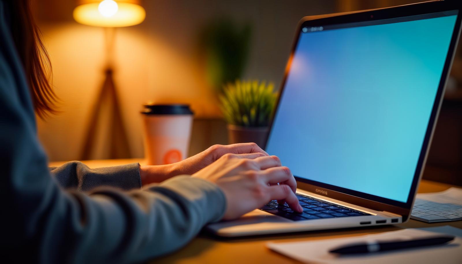 間接照明のデスクでノートパソコンのキーボードをタイピングする女性の手元