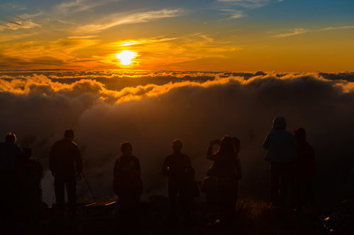 北アルプスの山頂で雲海に沈む夕焼けを見つめる登山者たち