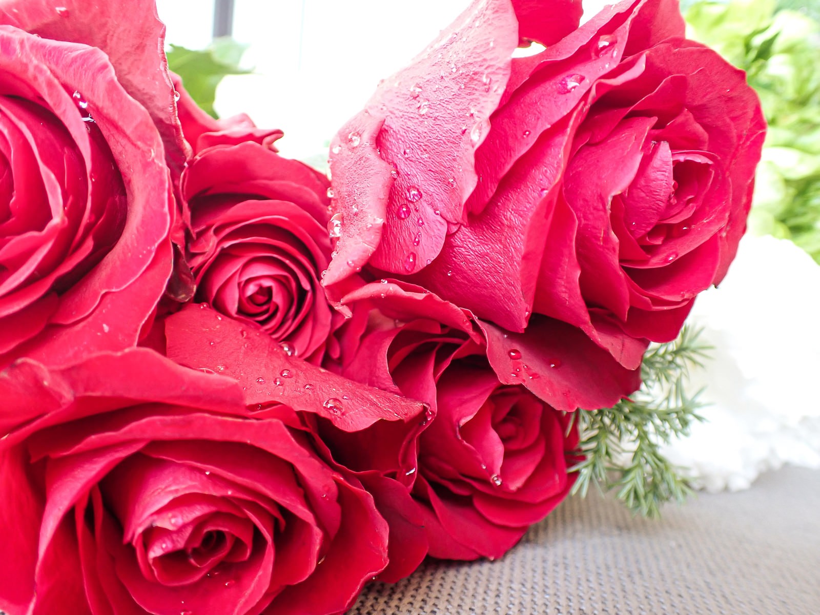 水滴の付いた赤とピンクの薔薇の花束