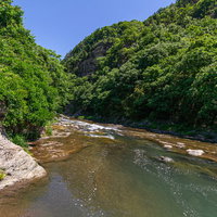 依田川の飛魚が舞う仙ヶ淵、清流と岩場の景勝地の写真