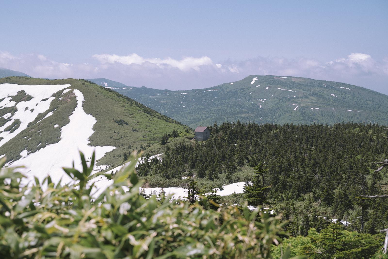 八甲田山から眺めた残雪と針葉樹林に囲まれた櫛ヶ峰方面の山々