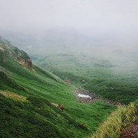 濃いガスに包まれる日本百名山・鳥海山の山肌の写真