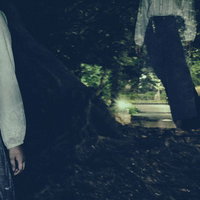暗い森の中をさまよい続ける白い衣服の女性の写真