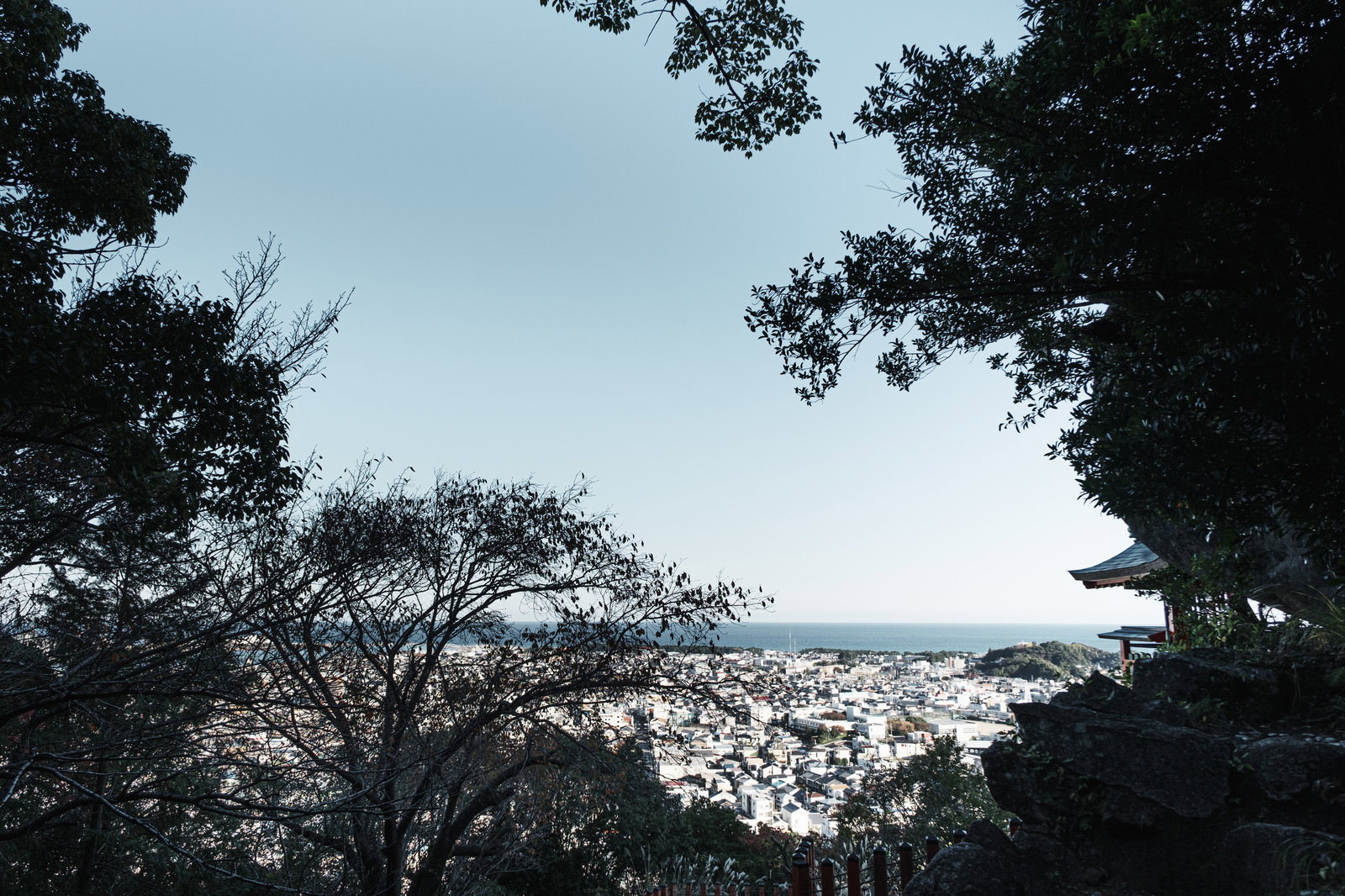 神倉神社の境内から樹木越しに見下ろす住宅街の風景
