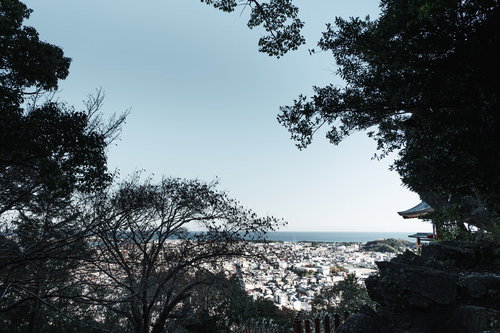 神倉神社の境内から望む眼下の街並みと緑の樹木に覆われた参道風景