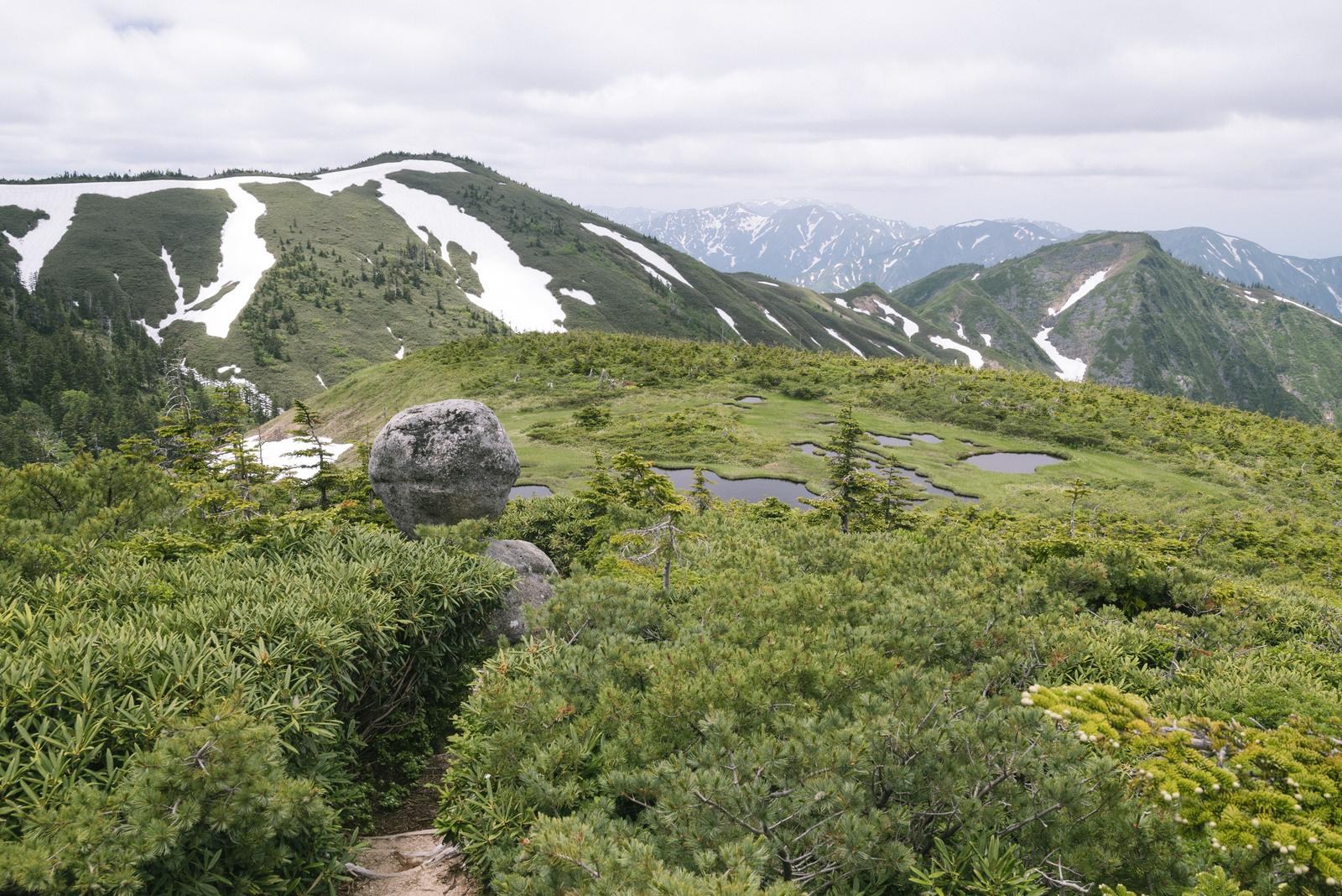平ヶ岳山頂に立つ玉子石と雪渓が残る山々の景観