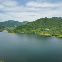 苫田ダムの奥津湖を囲む山々と緑の風景の写真