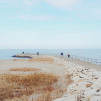 三重県伊勢市二見興玉神社の参道からの海岸と水平線の景色の写真