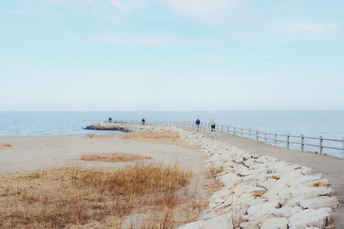 三重県伊勢市二見興玉神社の参道からの海岸と水平線の景色