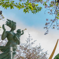 広島平和記念公園の母子銅像と桜の写真