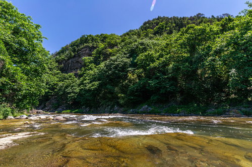 依田川の仙ヶ淵で透明な清流が岩場を流れる景観