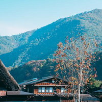 岐阜県白川郷の合掌集落を望む秋の山並みと紅葉風景の写真