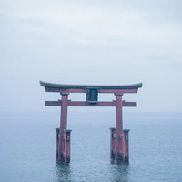 滋賀県白髭神社の琵琶湖に浮かぶ朱い鳥居と穏やかな水面の景観の写真