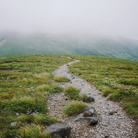 霧のかかった鳥海山登山道の写真
