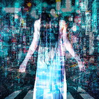 冷たい都会の雨に濡れる女性の後姿（フォトモンタージュ）の写真