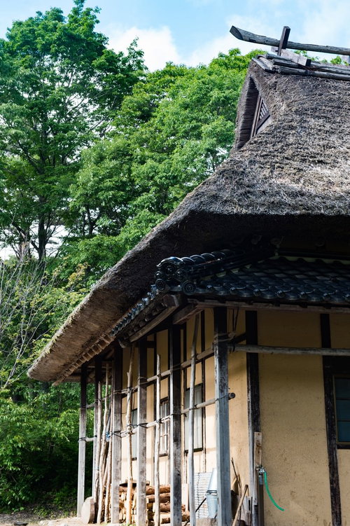 うたたねの里の茅葺屋根と新緑に包まれた古民家