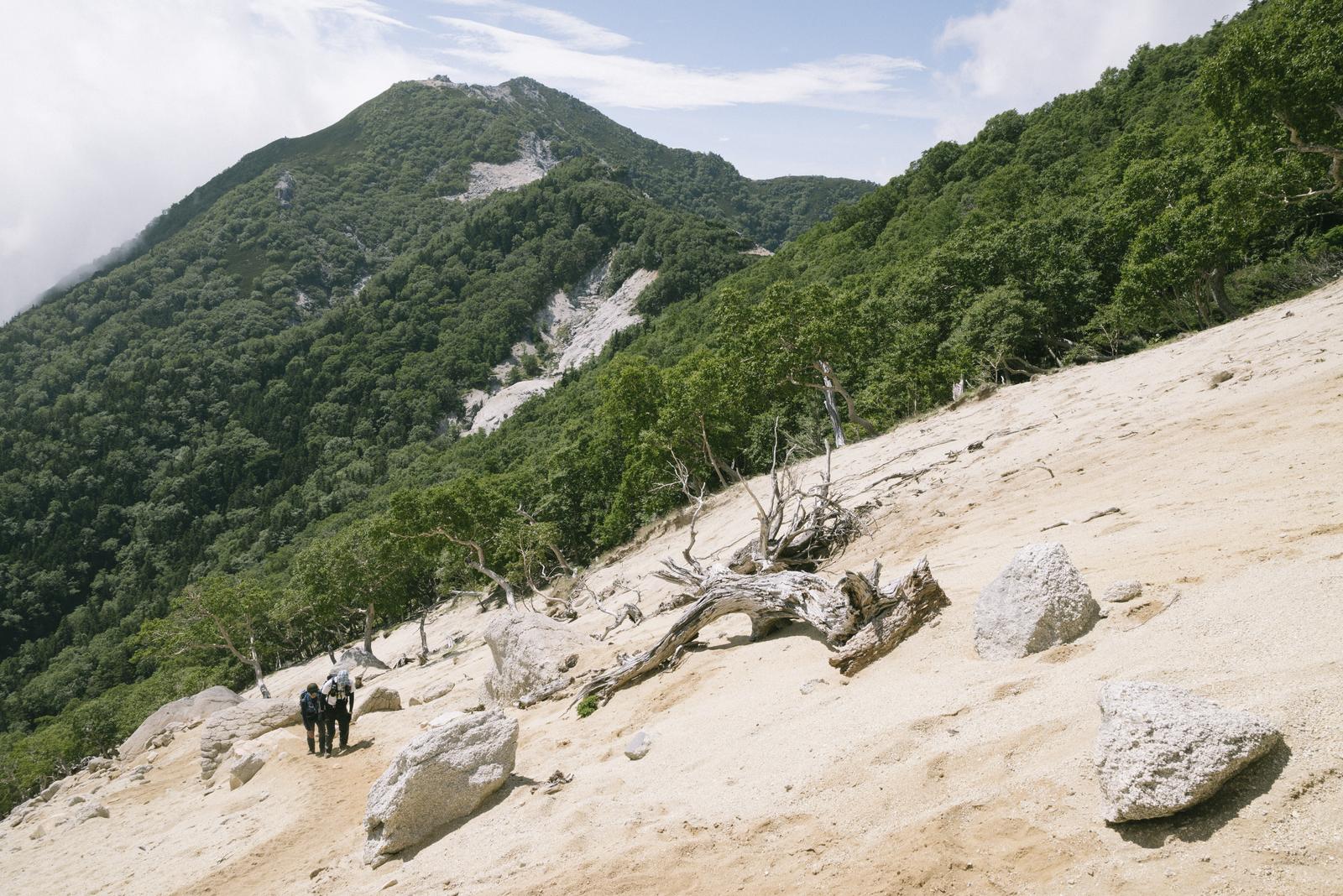 夏の地蔵岳の急斜面を登る登山者2人