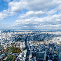 あべのハルカスからの眺望、どこまでも続く大阪の街並みと空の写真
