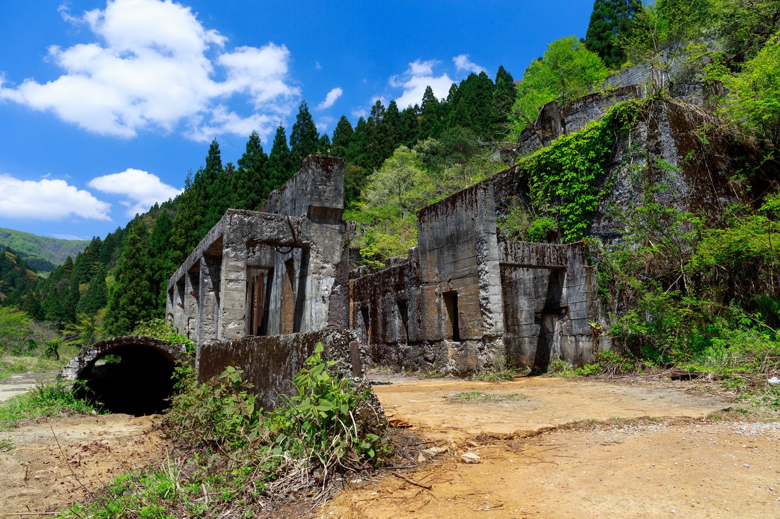 山間部に残る土倉鉱山跡のコンクリート建物の廃墟