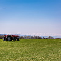美ヶ原高原の緑の草原に置かれた赤いトラクターの写真