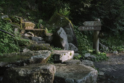 笠ヶ岳への笠新道入り口の苔むした石段と木製指導標