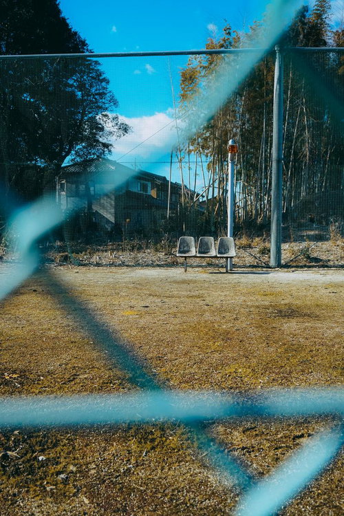 金網越しに見える古いベンチと朽ちた建物の風景