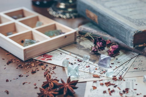 古い洋書の上に置かれた紫色のフローライトとドライフラワー