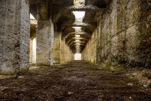 太子駅跡の廃線トンネル、連続する石造りアーチ