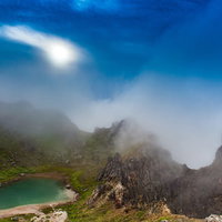 日暈と焼岳山頂の爆裂火口、エメラルドグリーンの火山湖の写真