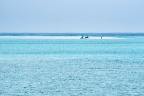 干潮時だけに姿を現す幻の浜辺に上陸する白い船