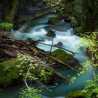岩に乗り上げた流木と樽前ガロー 北海道の渓谷の写真