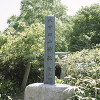 八甲田山登山口に立つ木製石碑と周辺の樹木の風景の写真