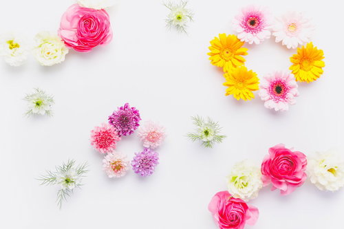 白背景に色とりどりの花が散りばめられたフラワーアレンジ