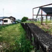 廃線駅と軌道跡に残る古い構造物・錆びた線路とホームの写真
