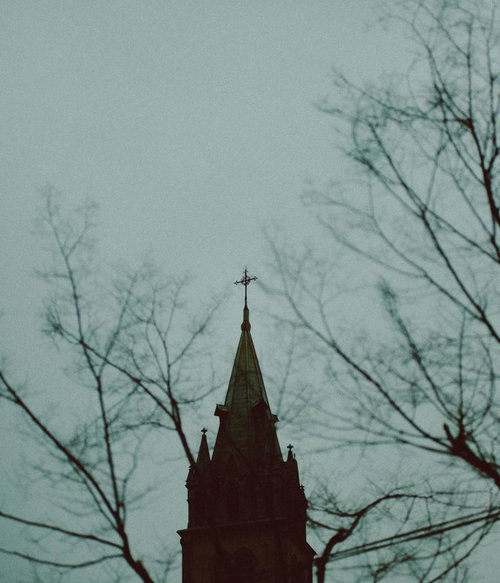 冬の枯れ木越しに見える十字架のある教会の風景