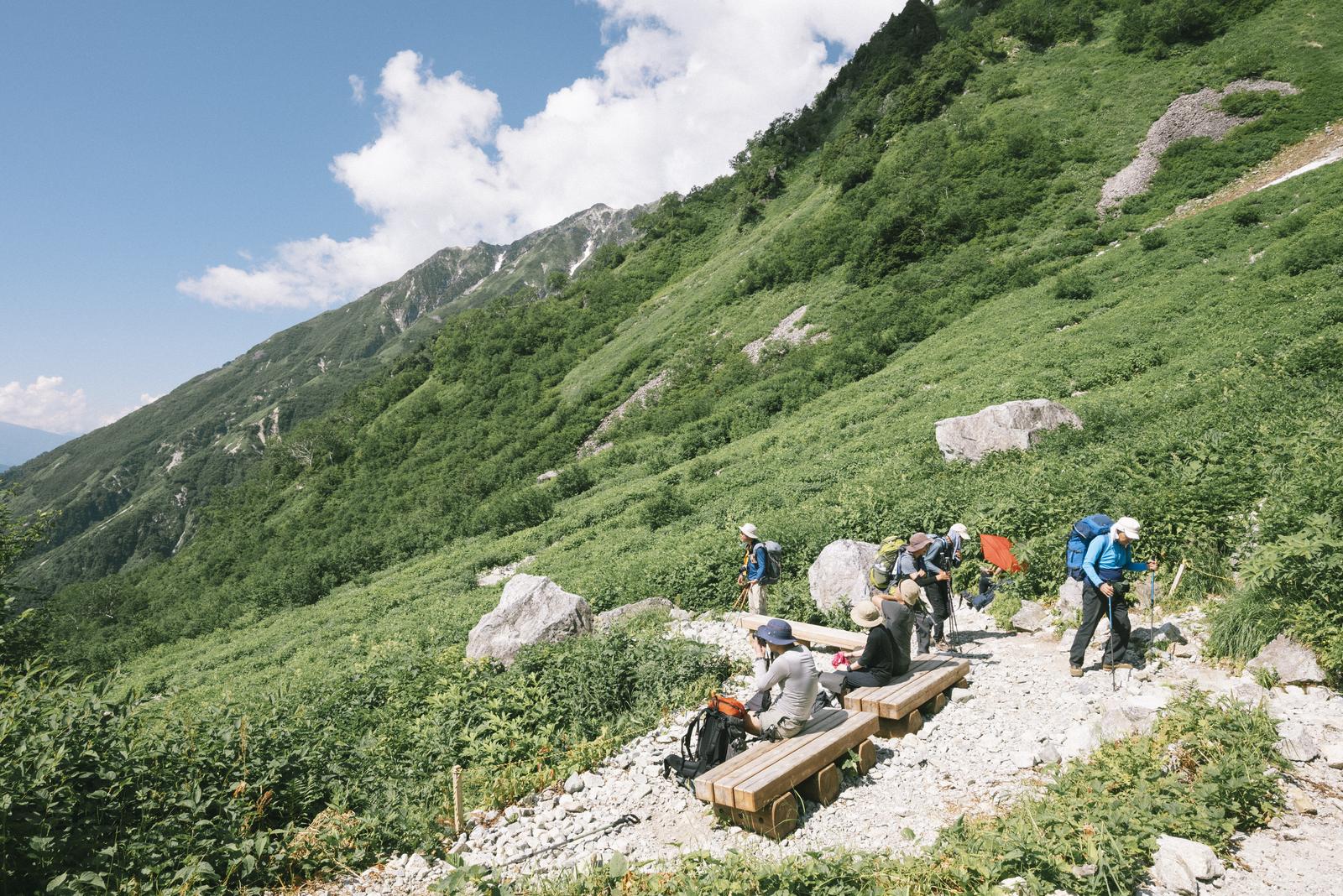 笠ヶ岳の登山道で木製ベンチに座って休憩する登山者たち